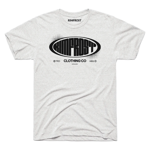 Gray t-shirt with Rimfrost logo on a white background