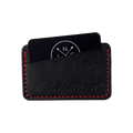 Black leather cardholder with red stitching on a white background