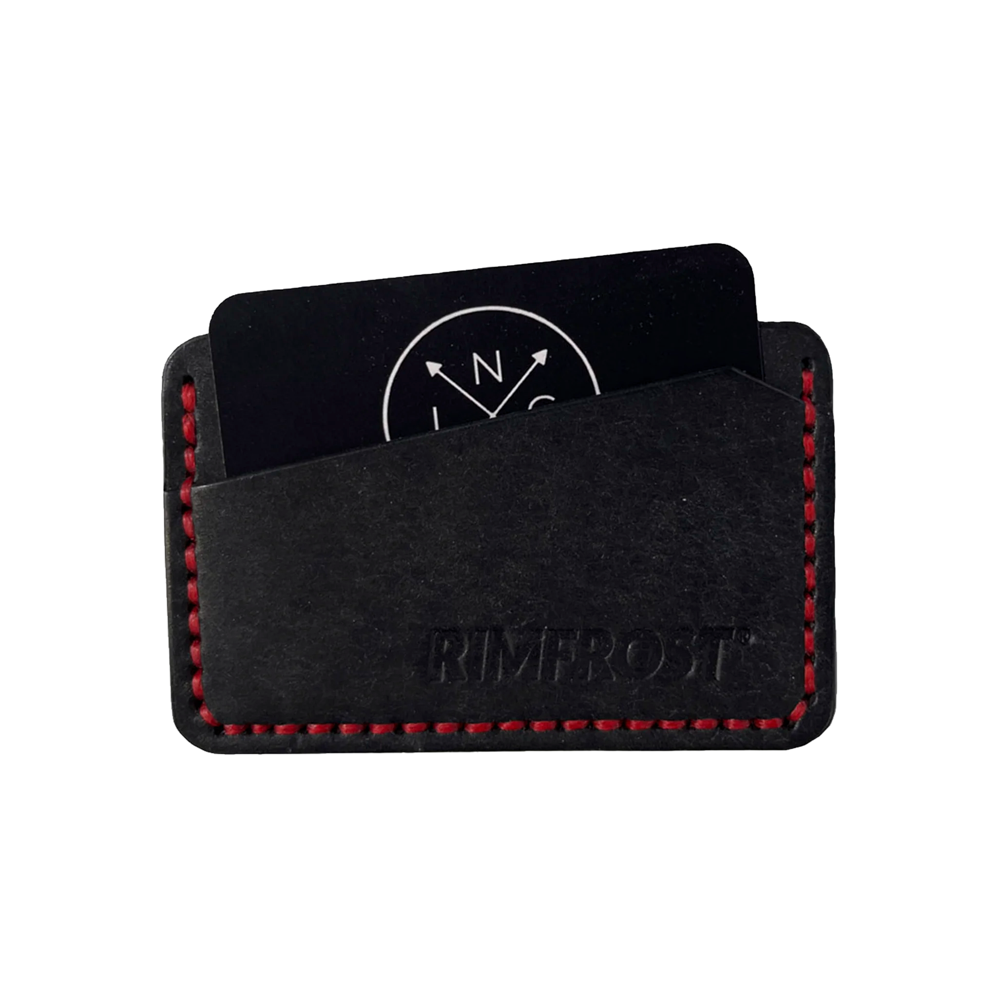Black leather cardholder with red stitching on a white background