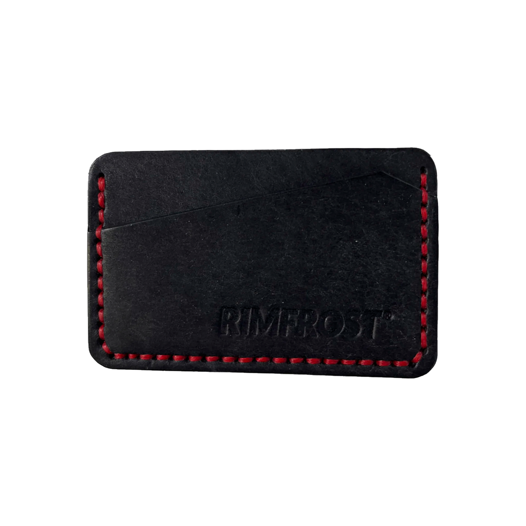 Black leather cardholder with red stitching on a white background
