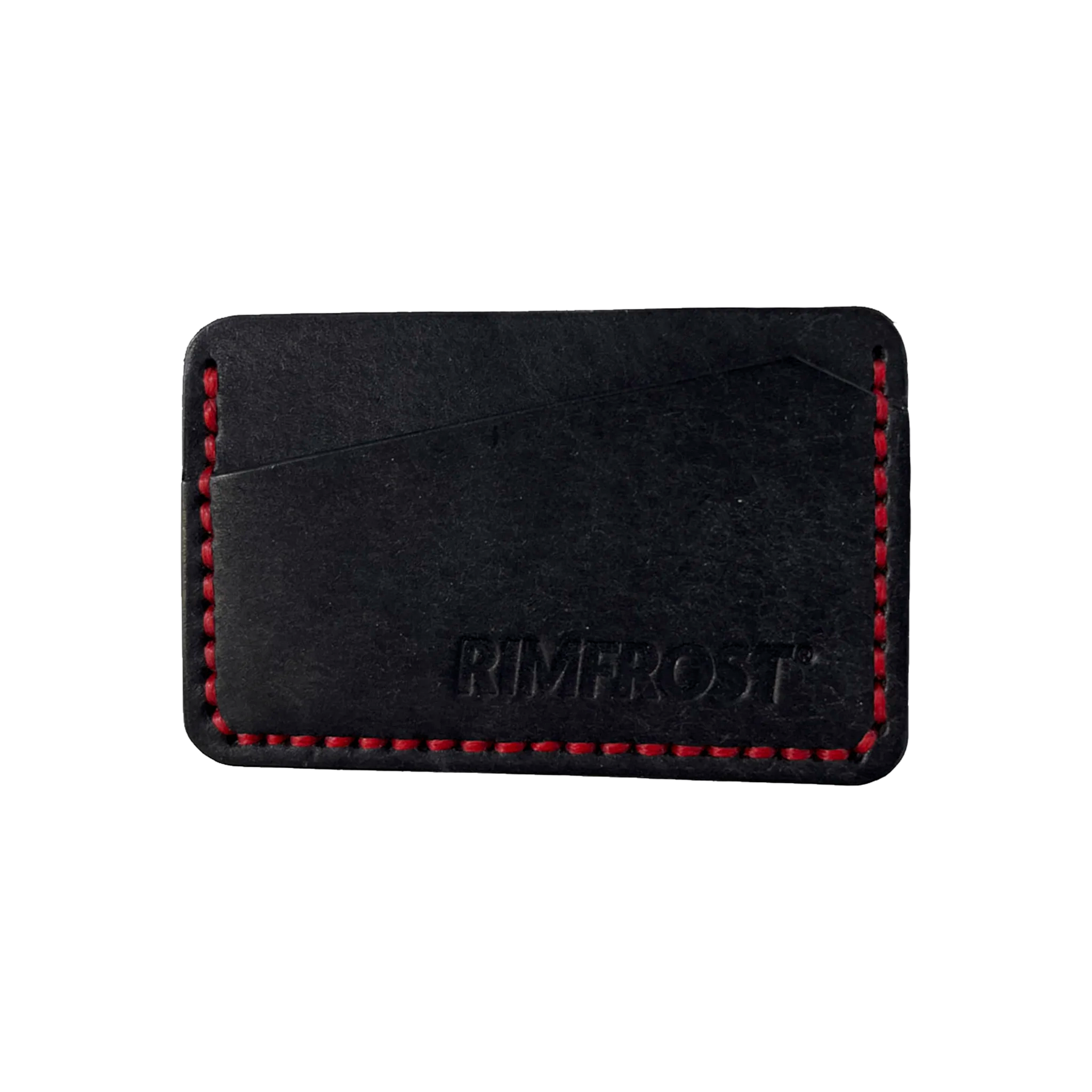 Black leather cardholder with red stitching on a white background