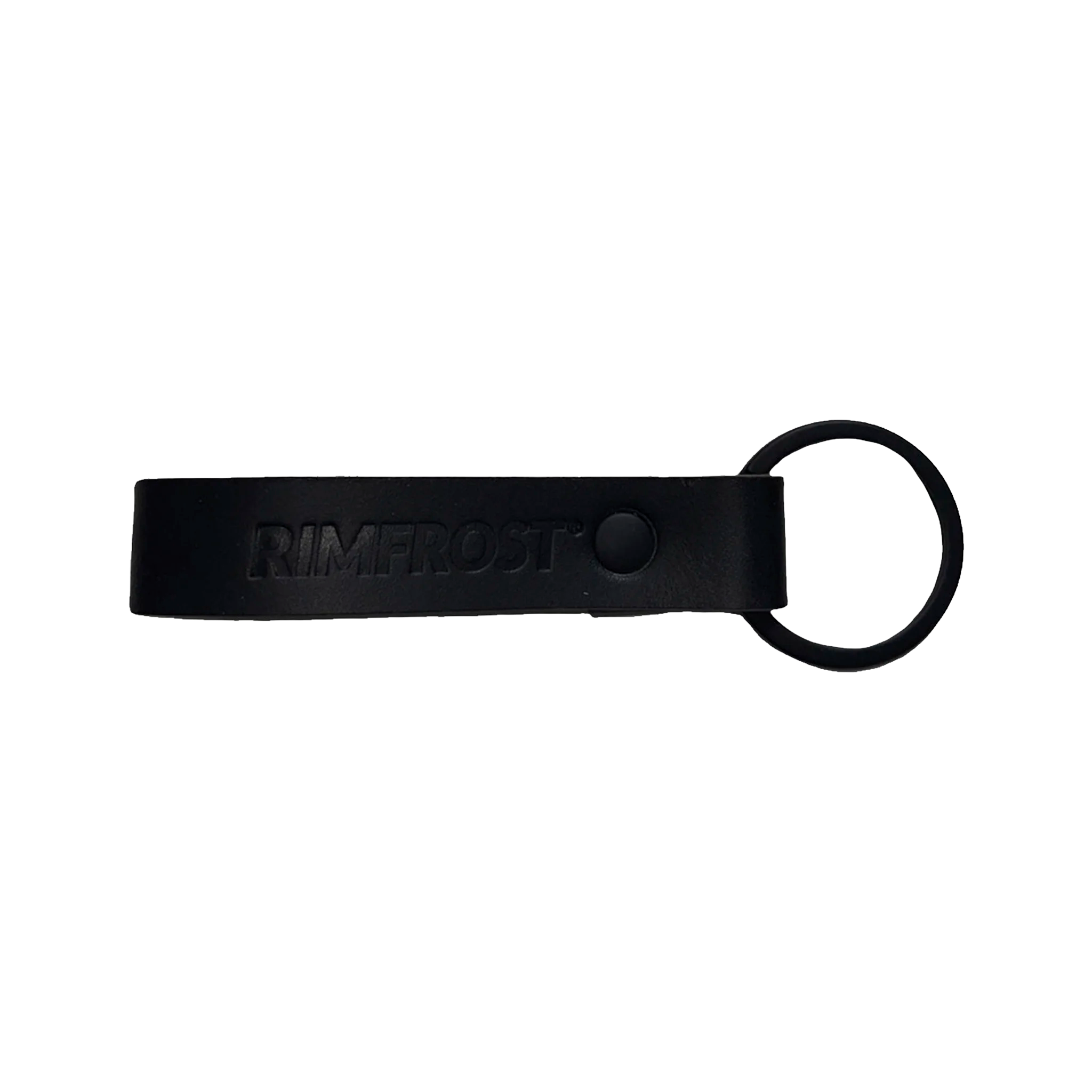 Black keychain with 'Rimfrost' branding on a white background