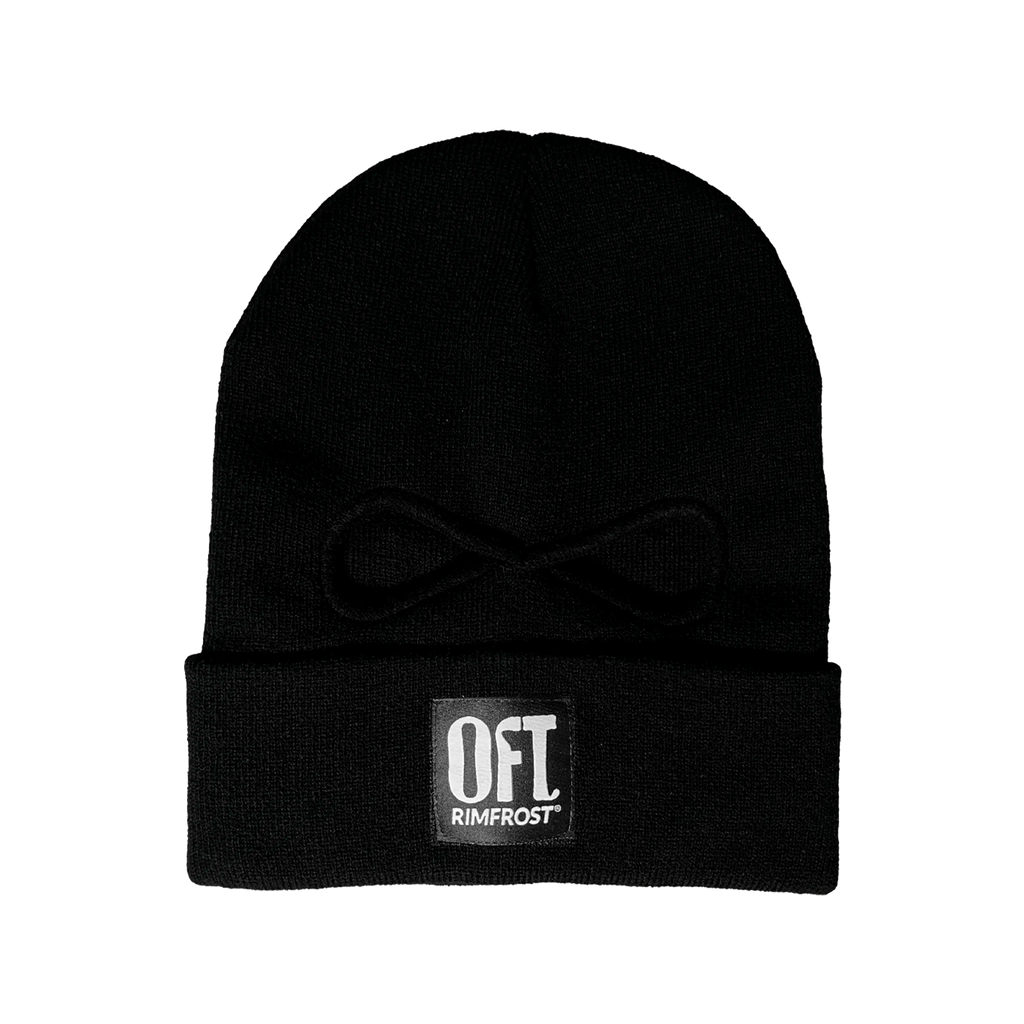 Black beanie with a logo on a white background