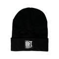 Black beanie with a logo on a white background