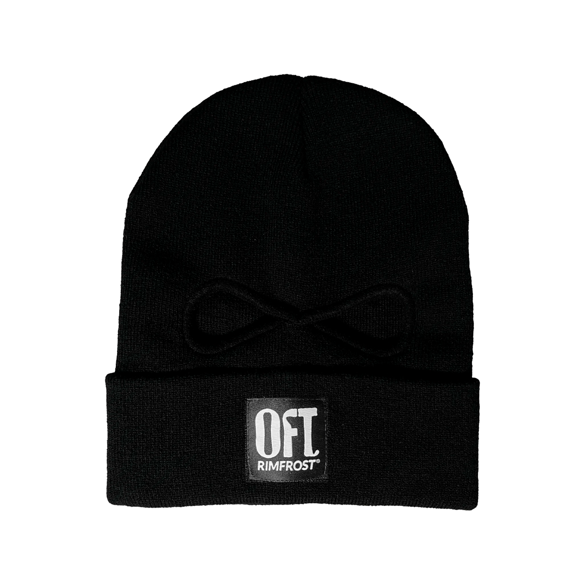 Black beanie with a logo on a white background