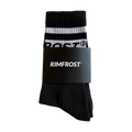 Black and white striped sock with 'Rimfrost' label on a white background