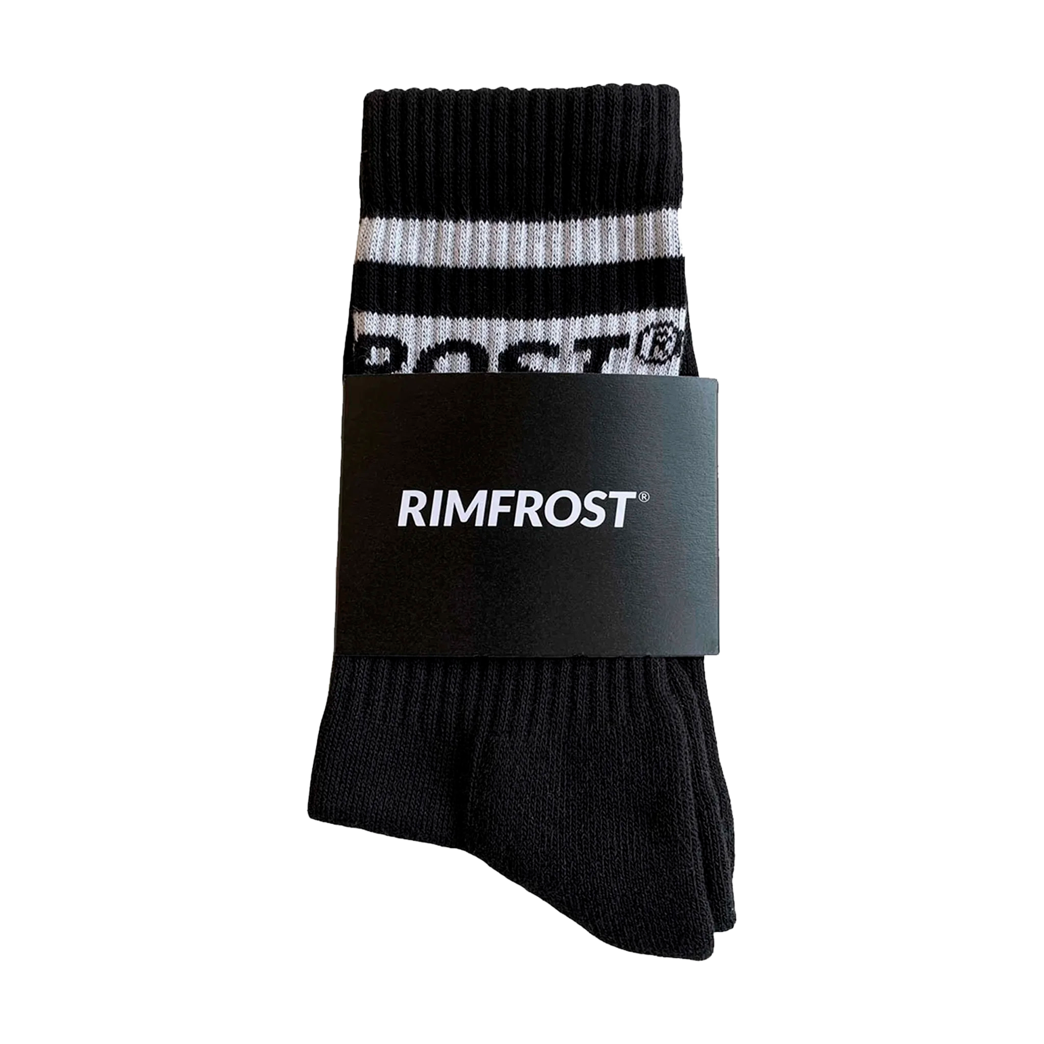 Black and white striped sock with 'Rimfrost' label on a white background