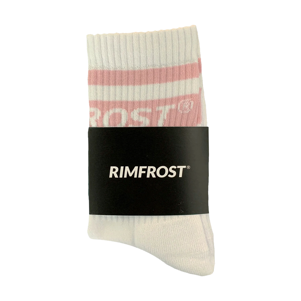 White sock with pink and red striped pattern and Rimfrost branding on a white background