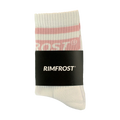White sock with pink and red striped pattern and Rimfrost branding on a white background