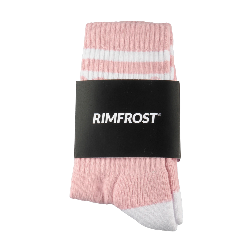 Pink and white striped socks with a black Rimfrost label on a white background