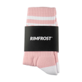 Pink and white striped socks with a black Rimfrost label on a white background