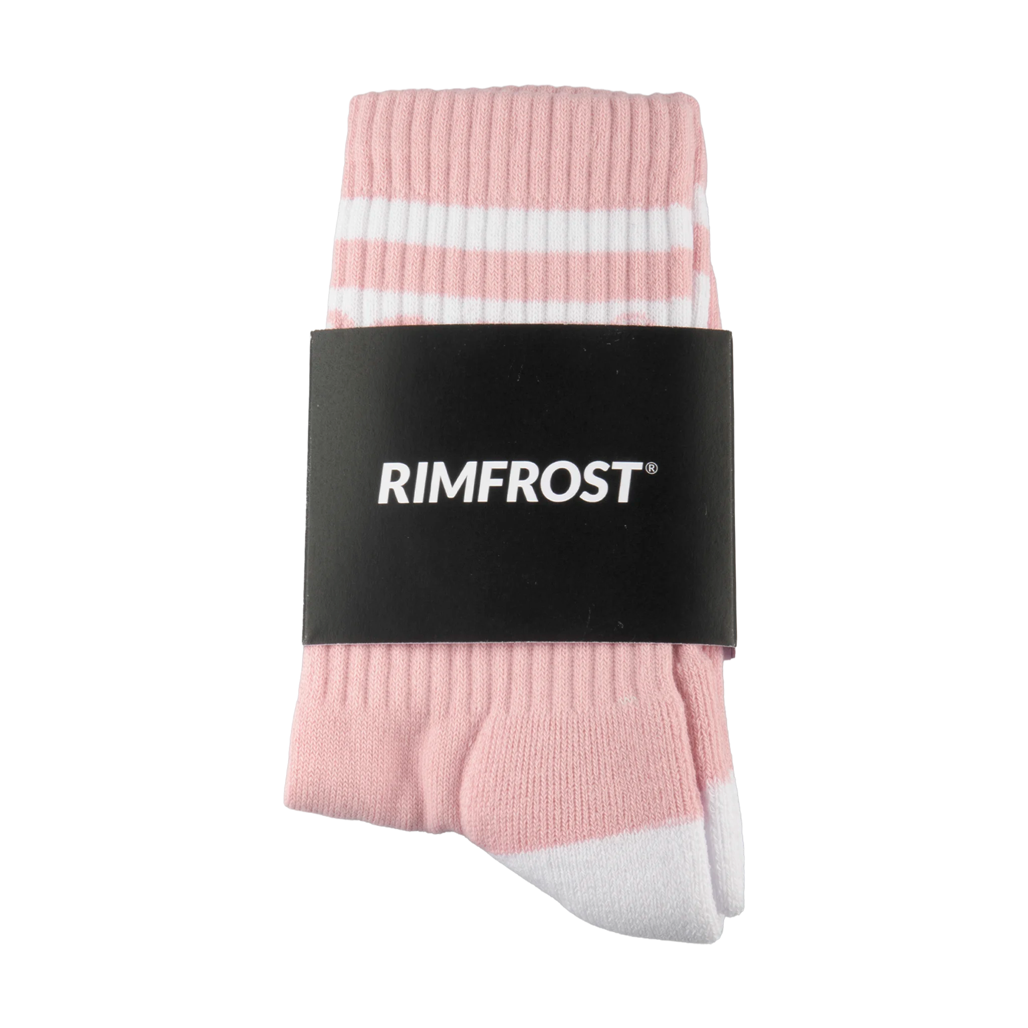 Pink and white striped socks with a black Rimfrost label on a white background