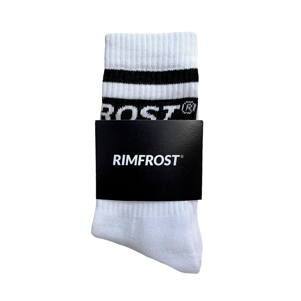 White socks with black stripes and 'RIMFROST' branding on a white background
