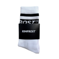 White socks with black stripes and 'RIMFROST' branding on a white background