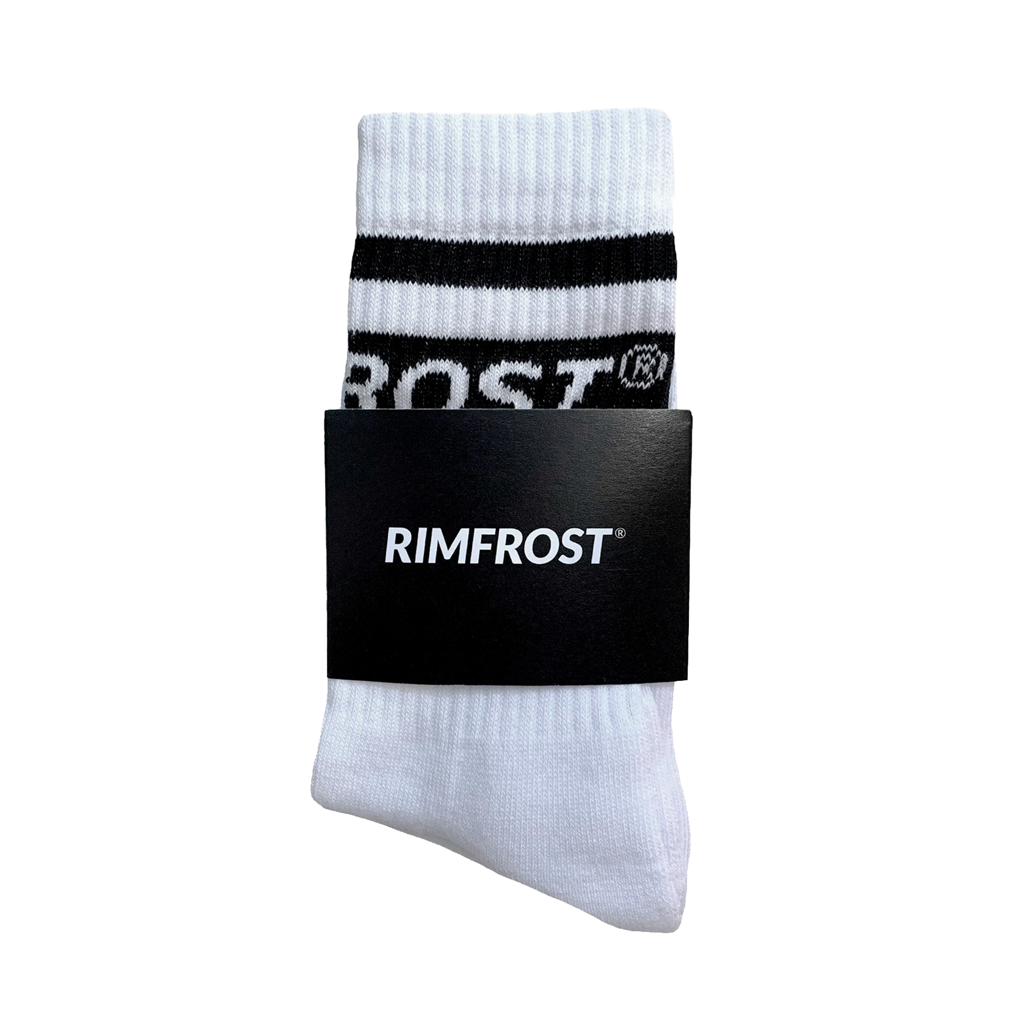 White socks with black stripes and 'RIMFROST' branding on a white background