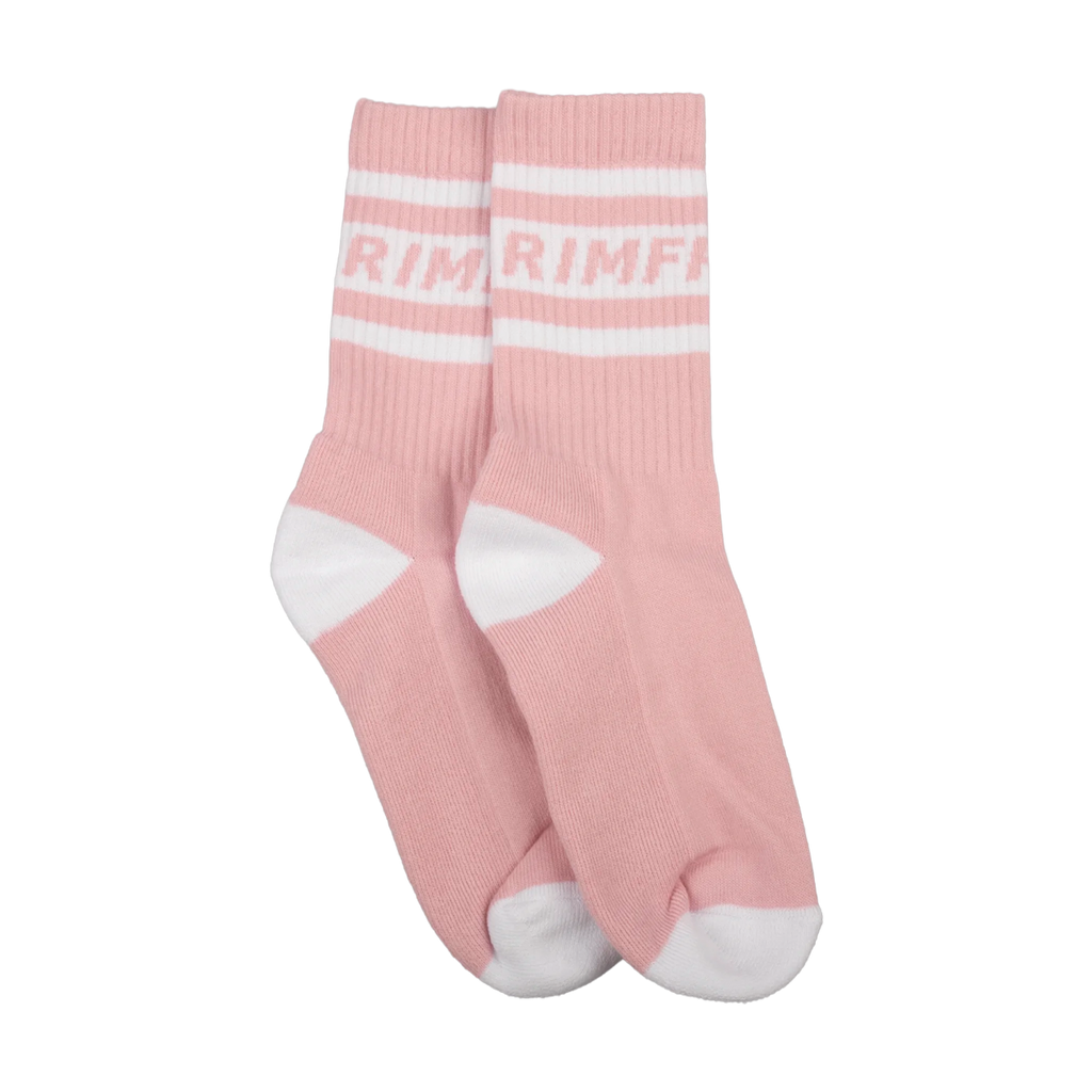 Pink socks with white stripes and logo on a white background