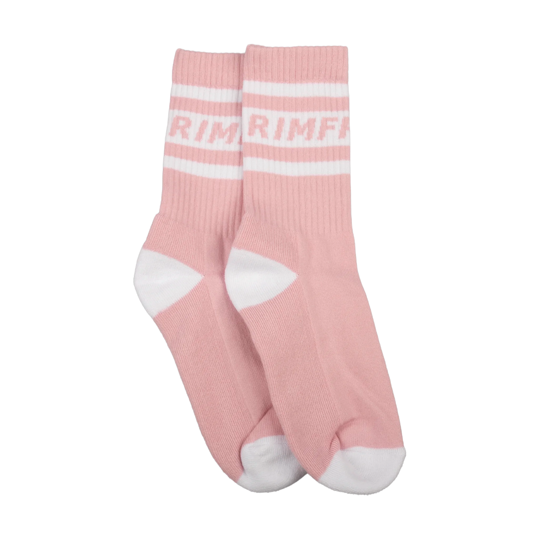 Pink socks with white stripes and logo on a white background