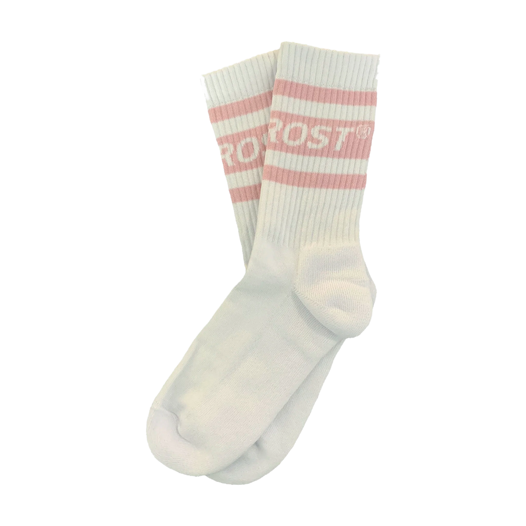 White socks with pink stripes and text on a white background