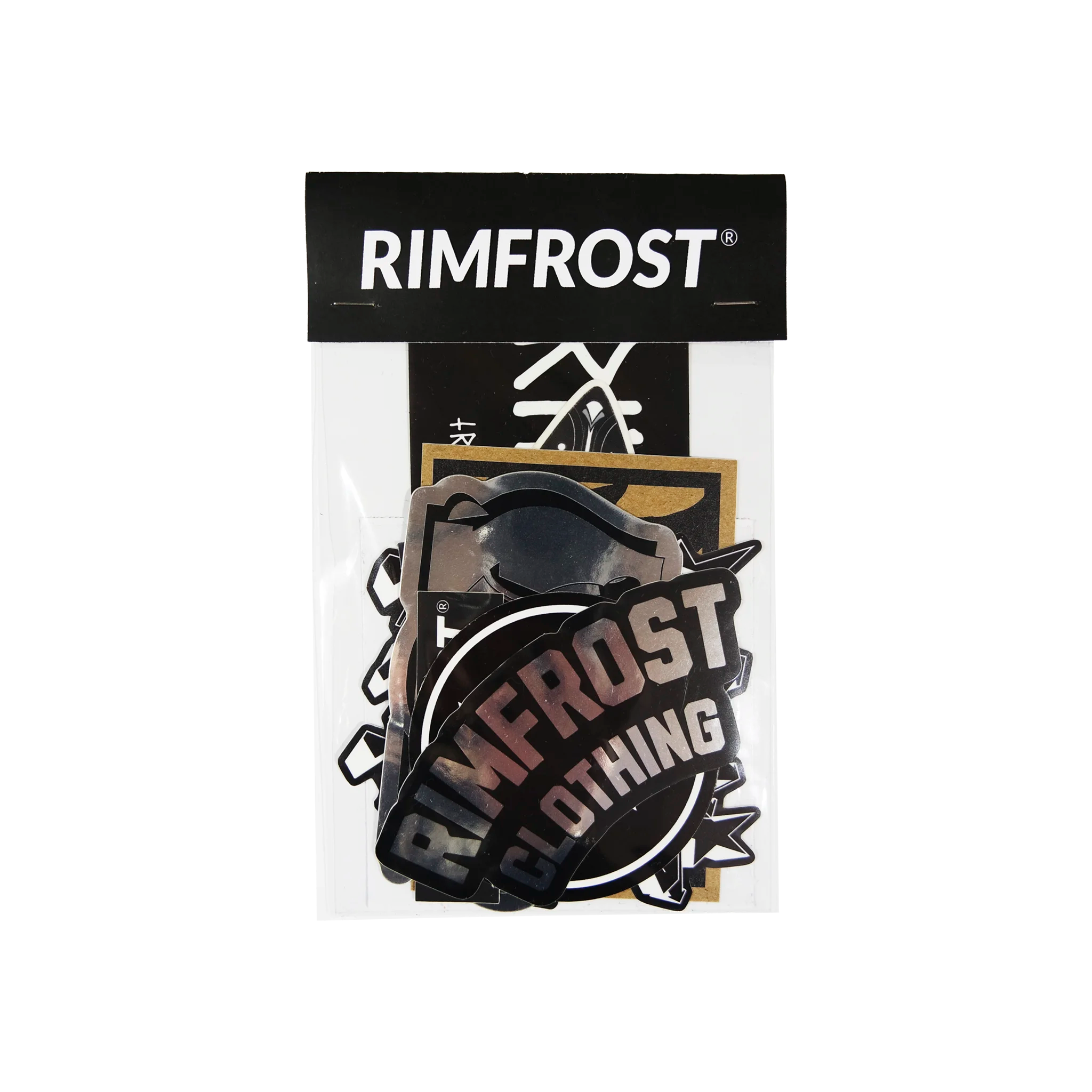 Packaged Rimfrost clothing with stickers on a white background