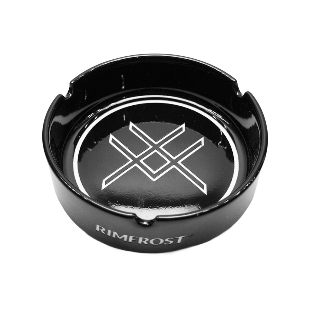 Black ashtray with a logo and 'RIMFROST' branding on a white background