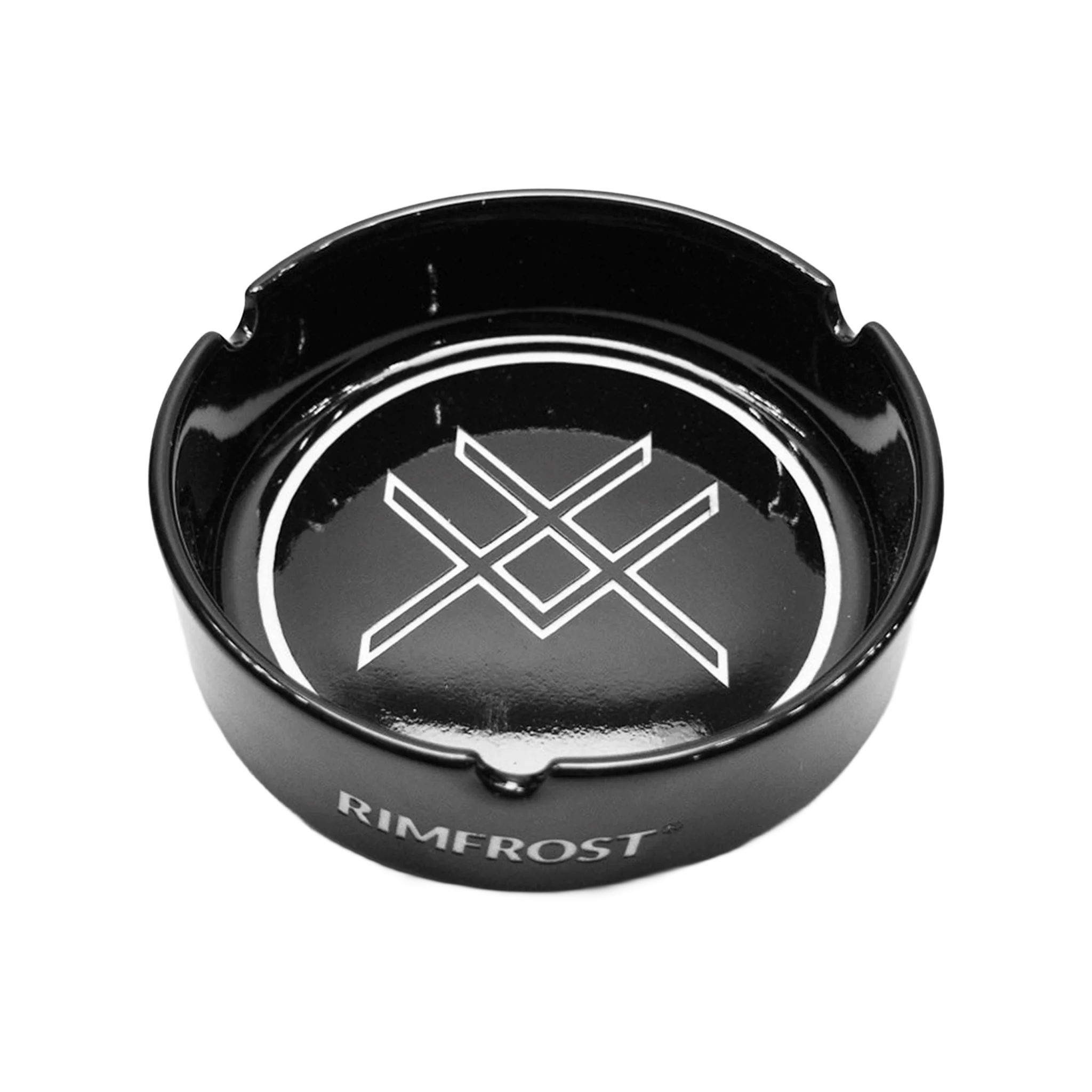 Black ashtray with a logo and 'RIMFROST' branding on a white background