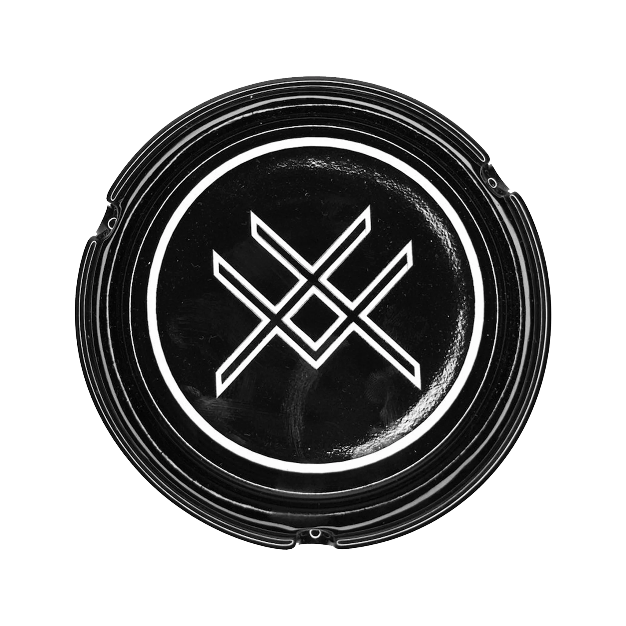 Black circular ashtray with a white logo on a white background