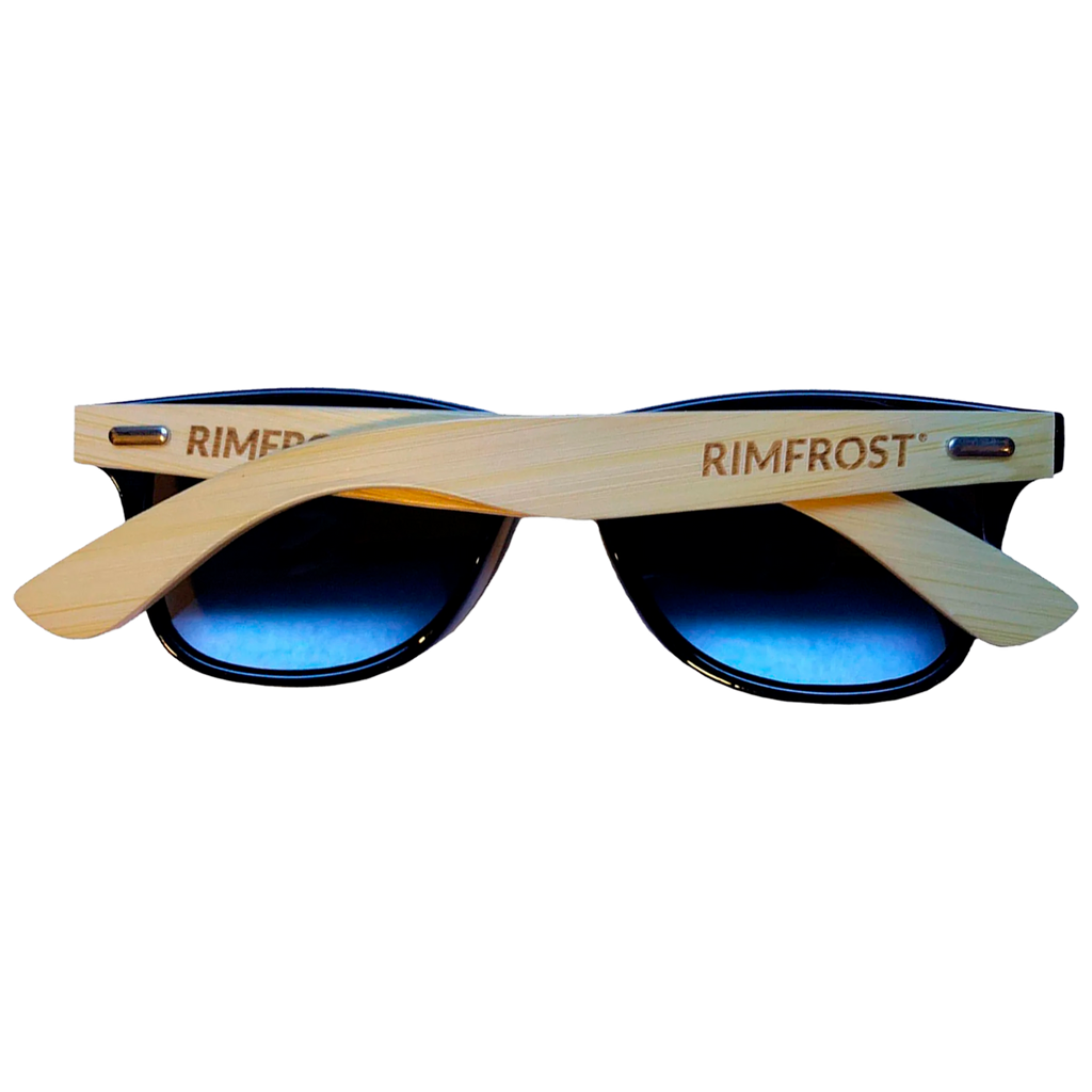 Sunglasses with wooden frames and blue lenses on a white background