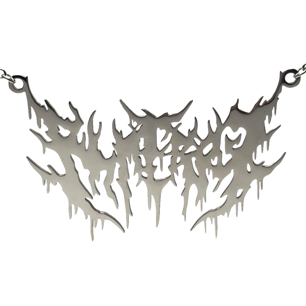 Metallic necklace with a unique design on a white background