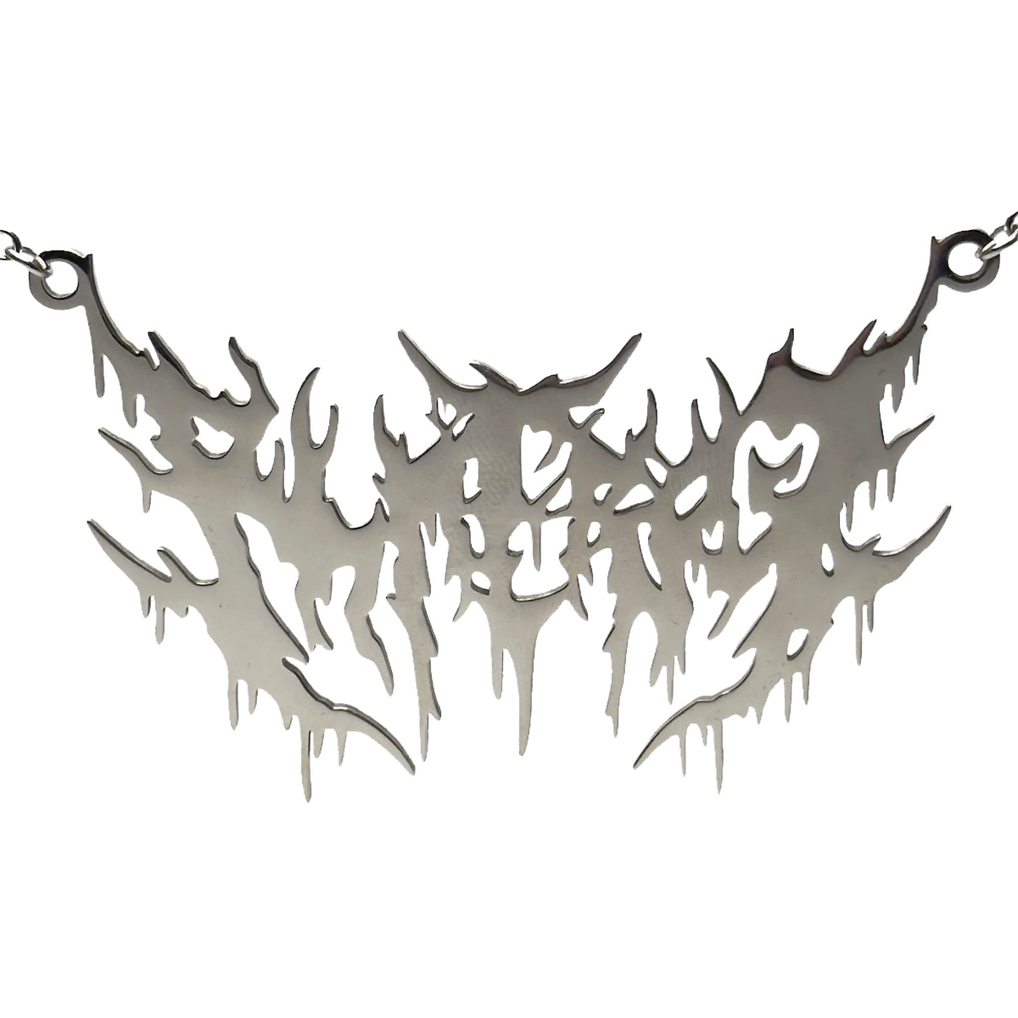 Metallic necklace with a unique design on a white background