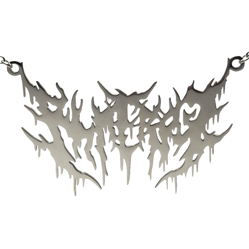 Metallic necklace with a unique design on a white background