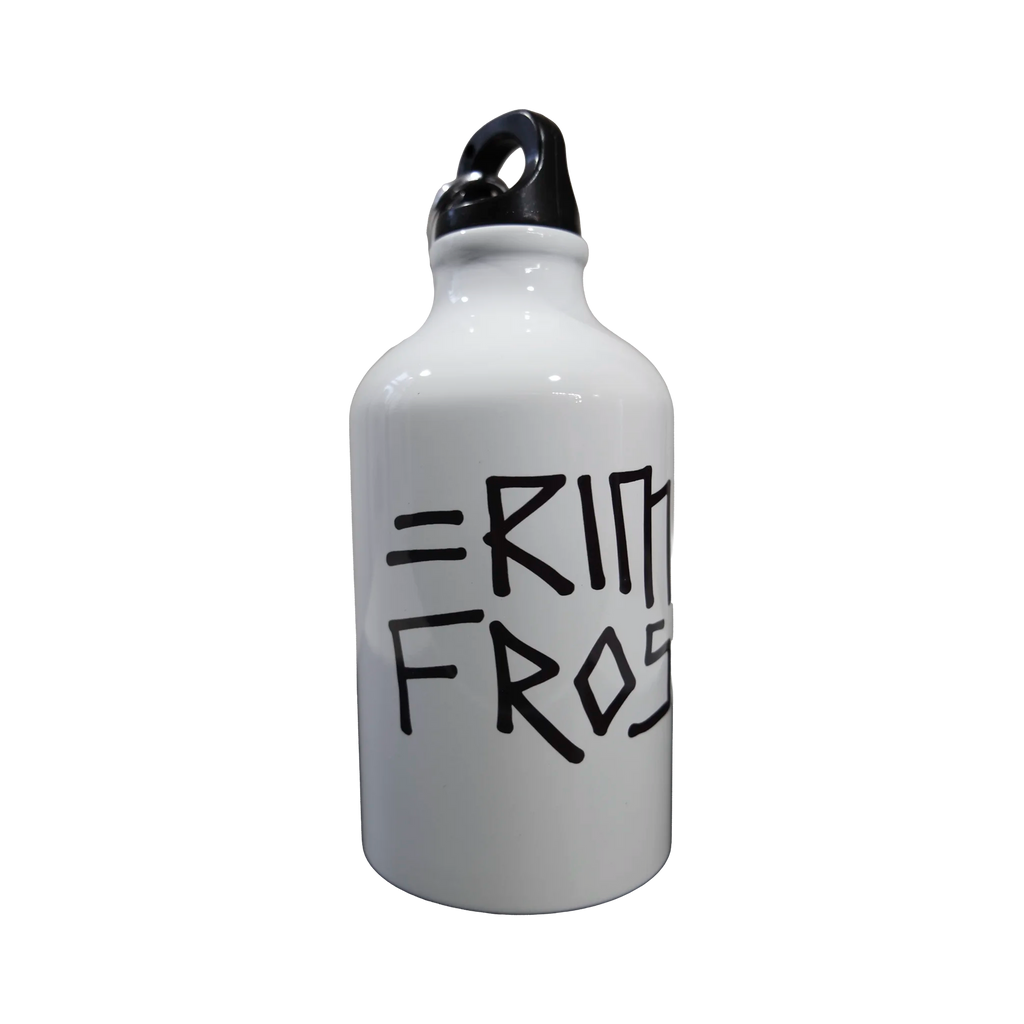 White water bottle with black text on a white background