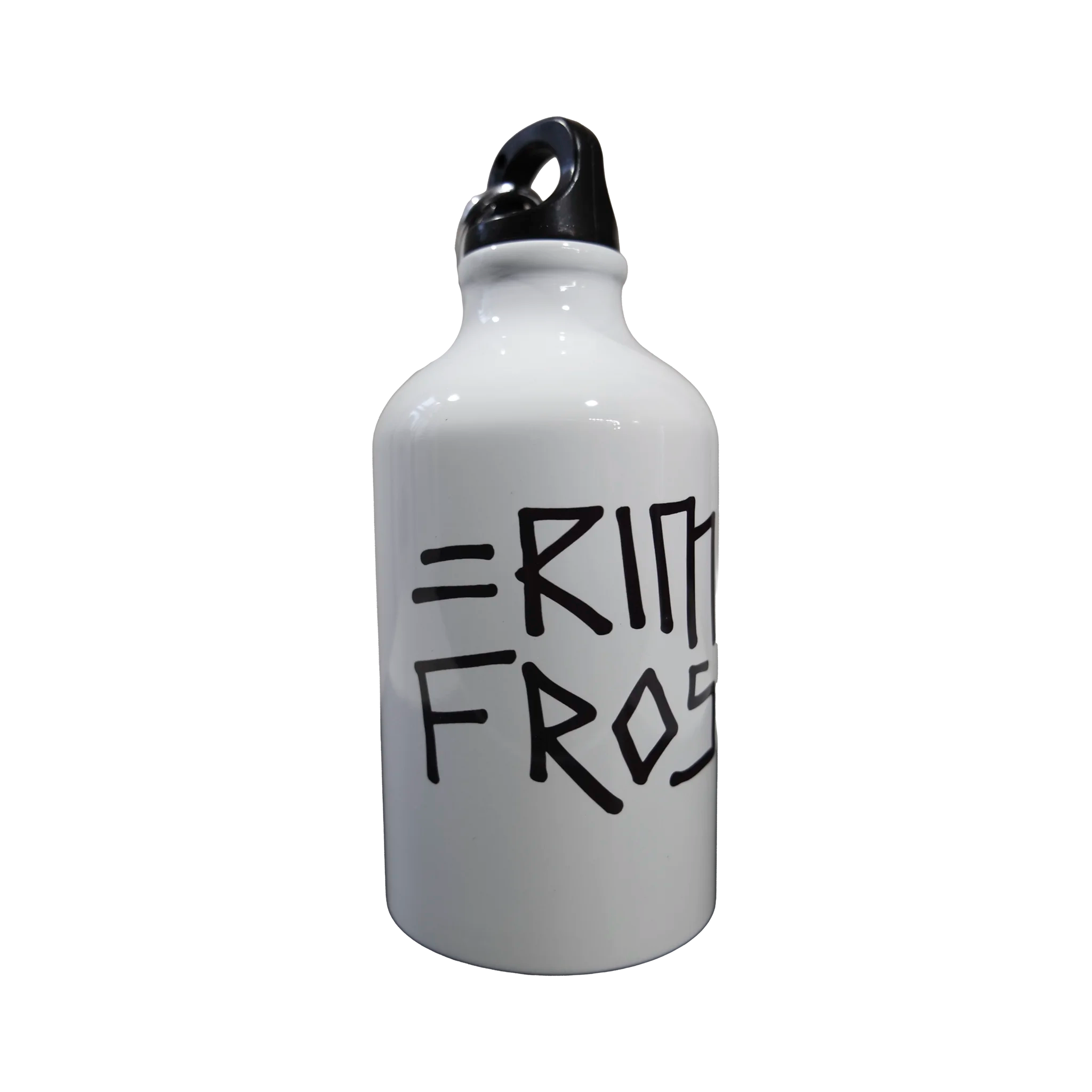 White water bottle with black text on a white background