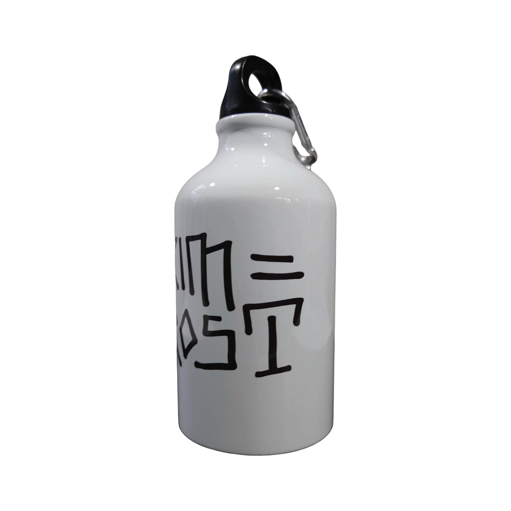 White water bottle with black text and carabiner on a white background