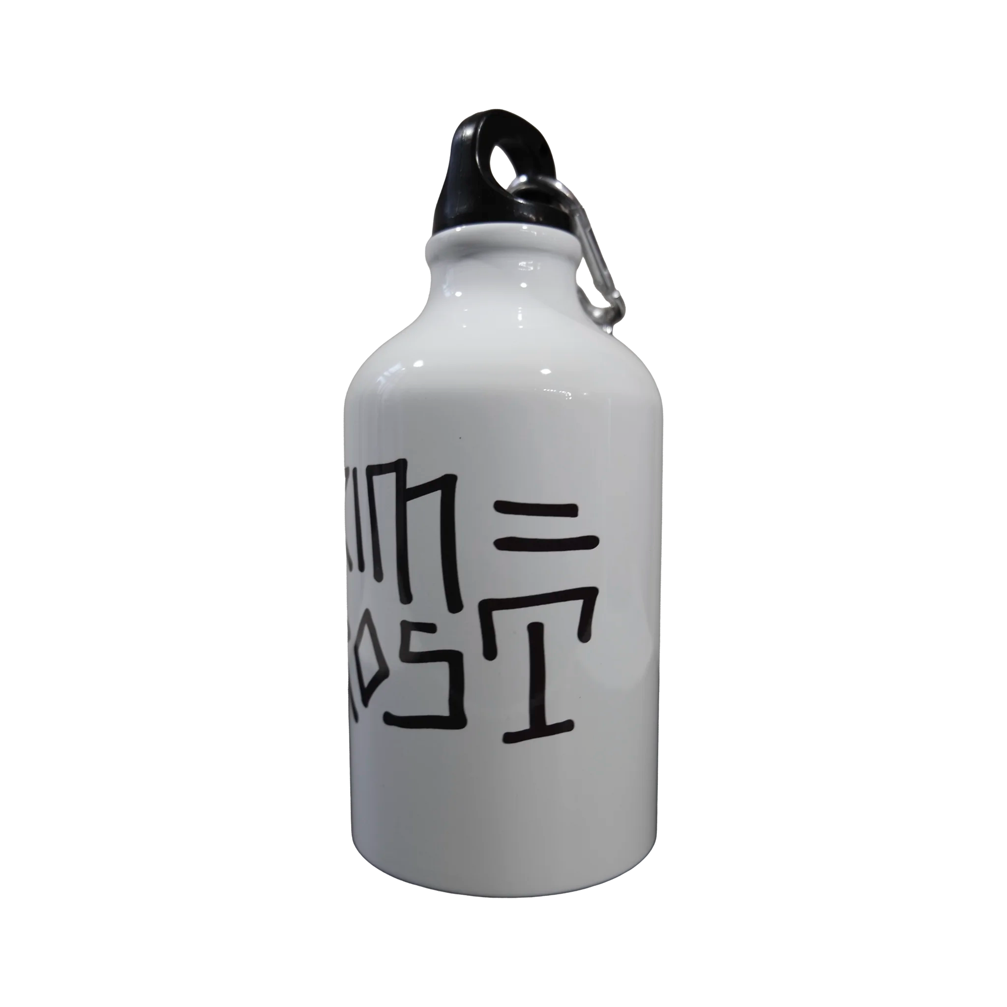 White water bottle with black text and carabiner on a white background