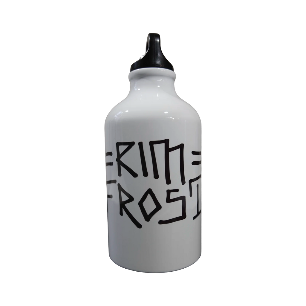 White water bottle with black text on a white background