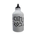 White water bottle with black text on a white background
