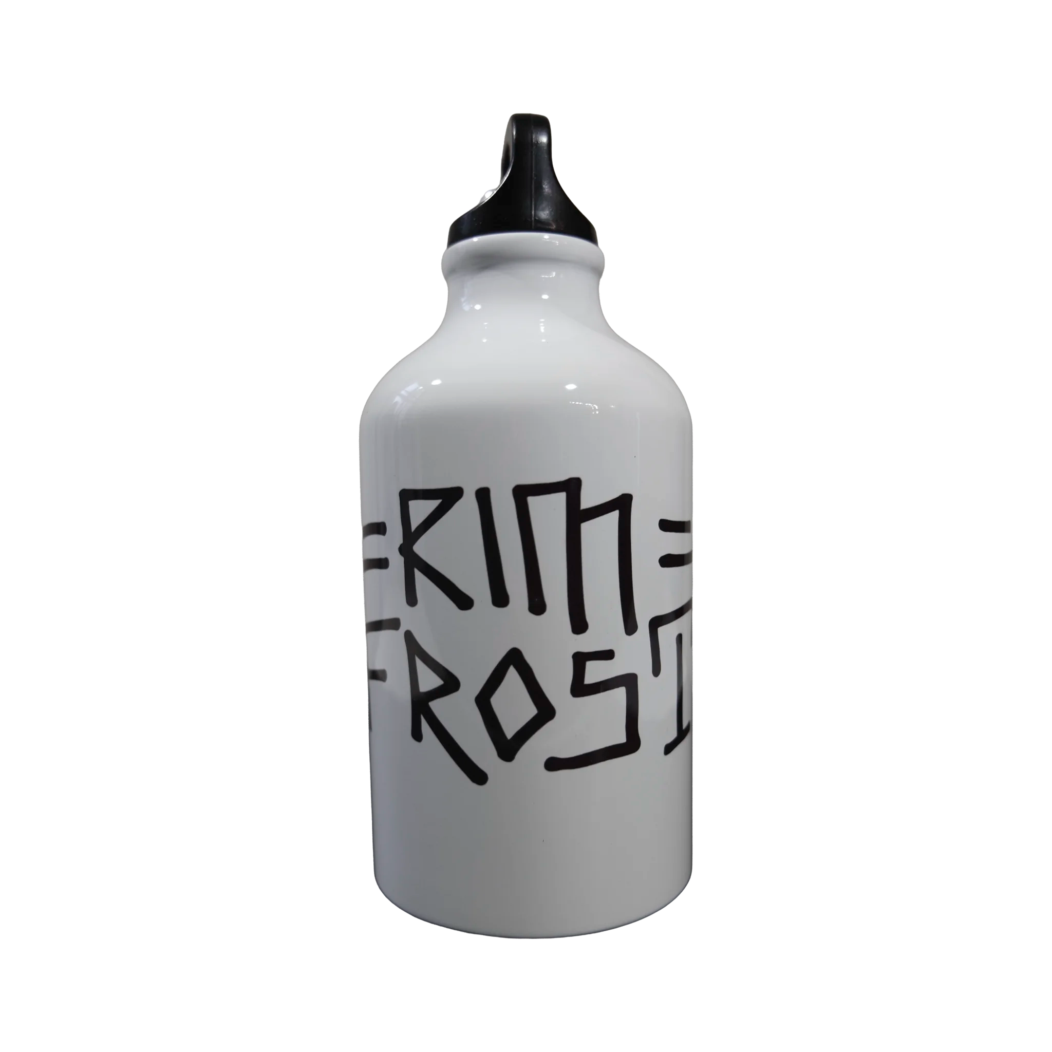 White water bottle with black text on a white background
