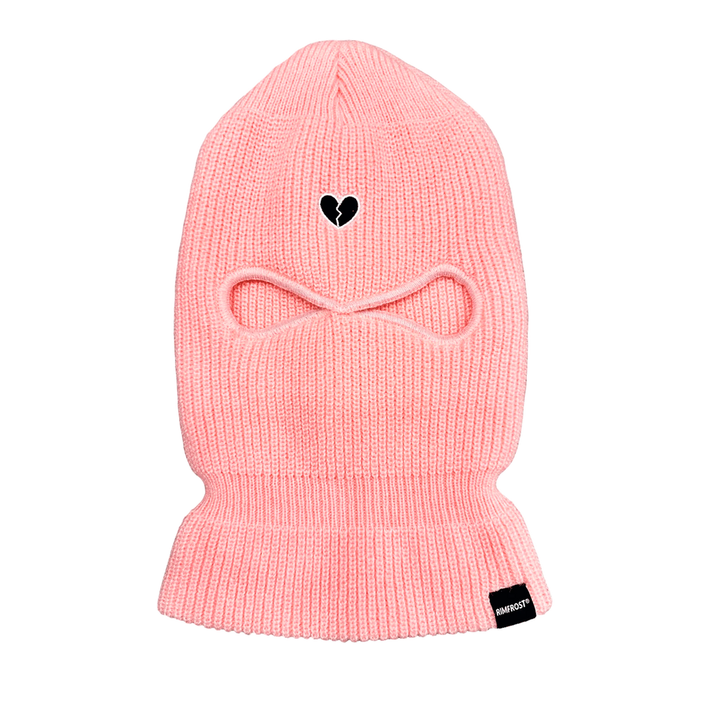 Pink balaclava with a heart design on a white background