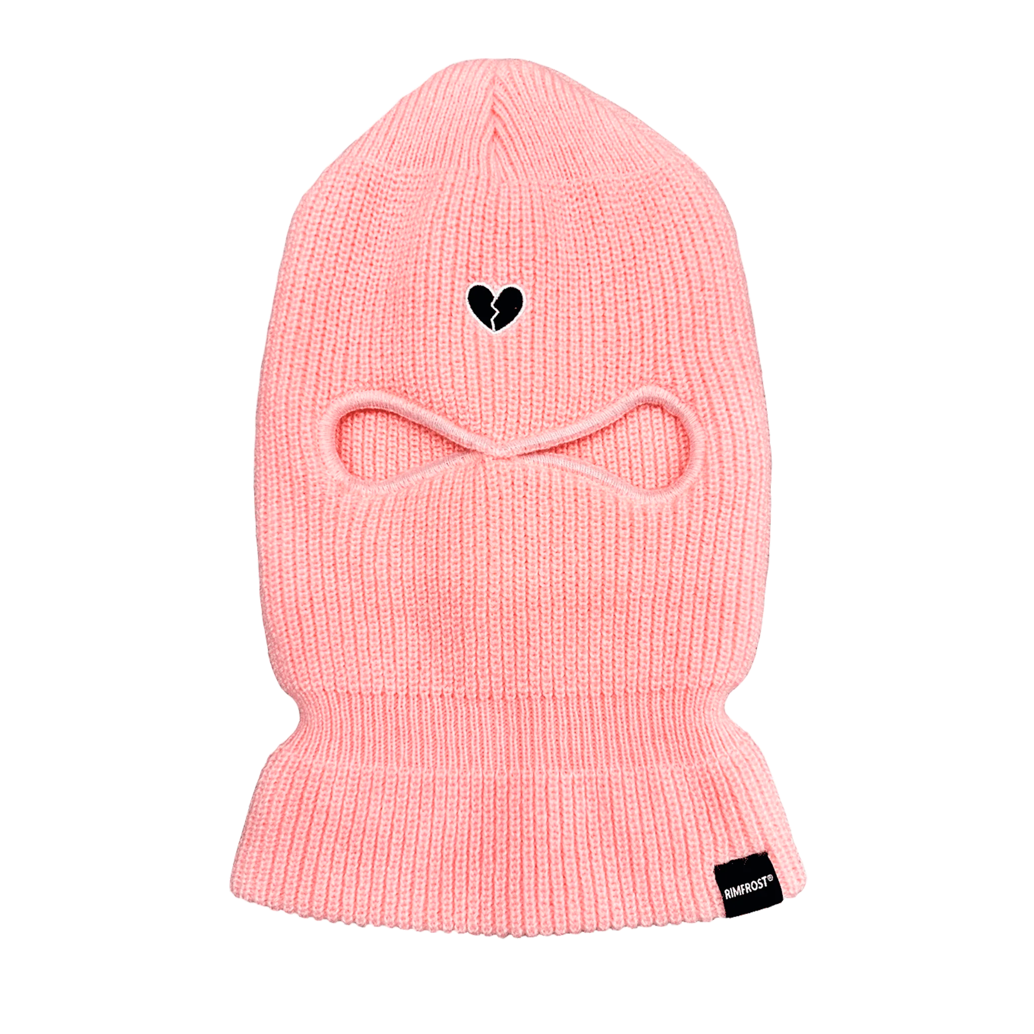 Pink balaclava with a heart design on a white background