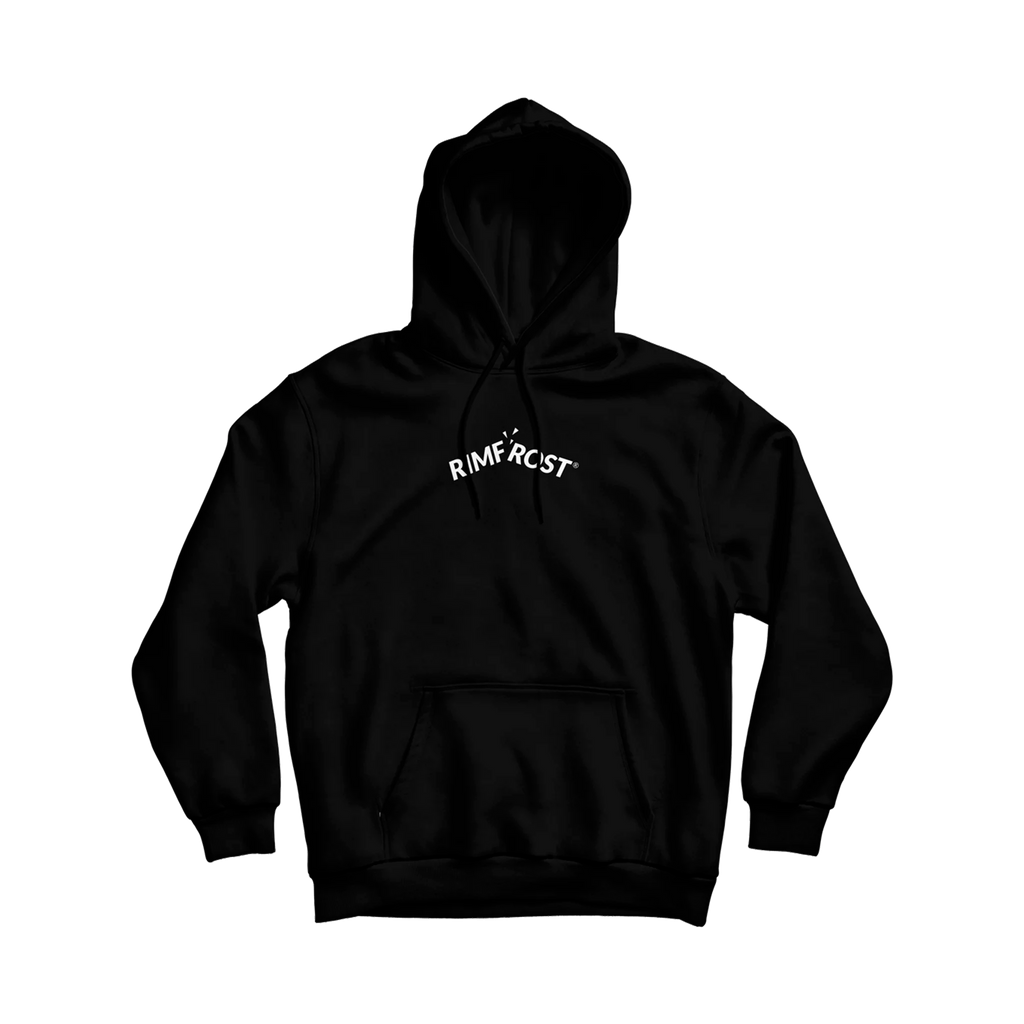 Black hoodie with white text on a white background