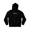 Black hoodie with white text on a white background