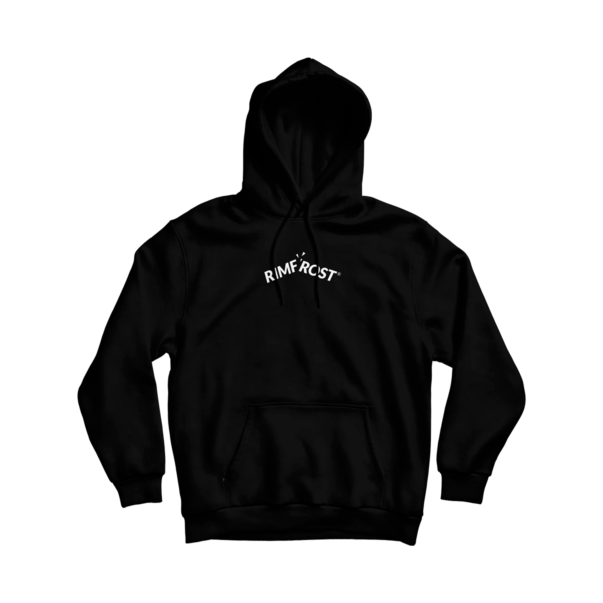 Black hoodie with white text on a white background