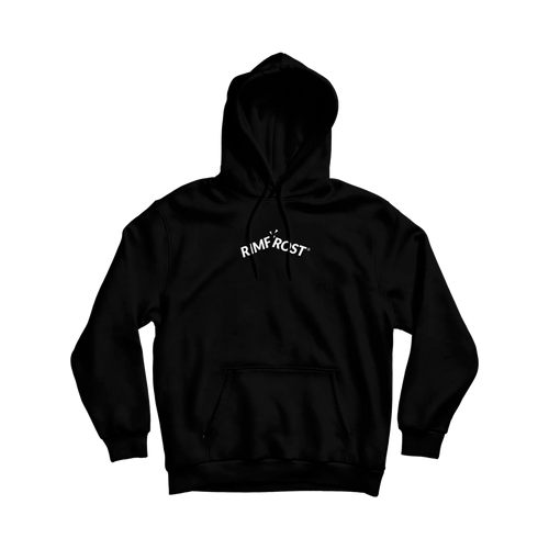 Black hoodie with white text on a white background