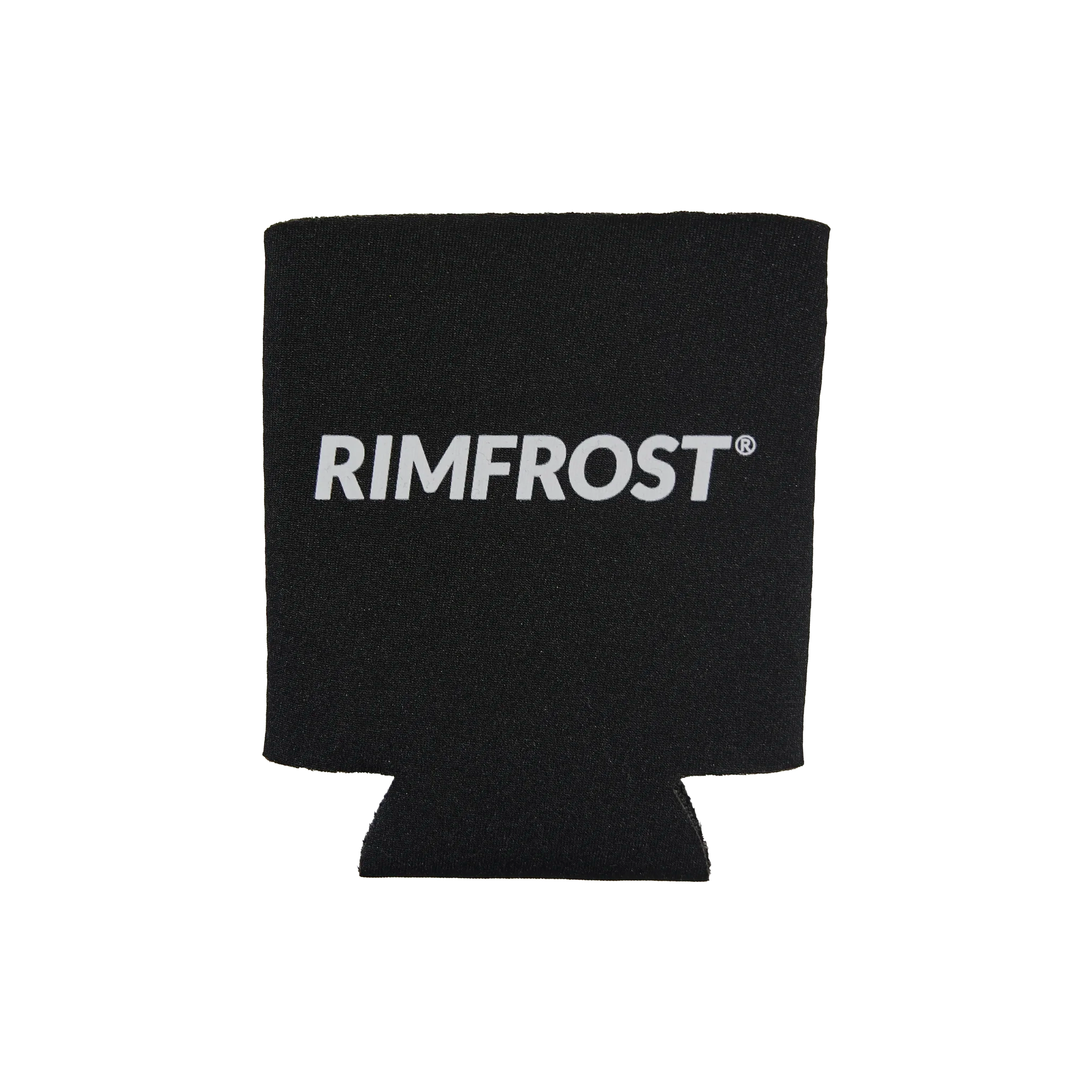 Black can cooler with 'RIMFROST' logo on a white background