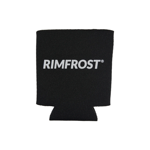 Black can cooler with 'RIMFROST' logo on a white background