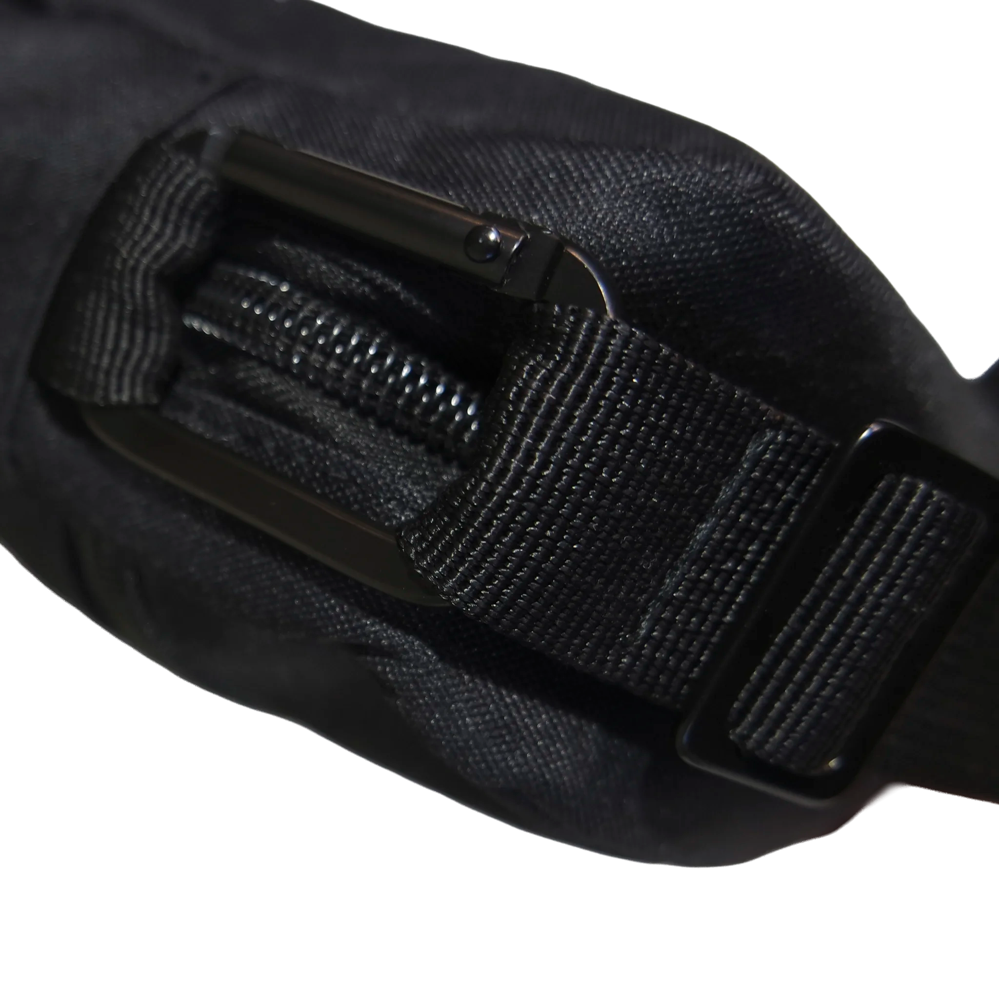 Close-up of a black belt with a buckle on a white background