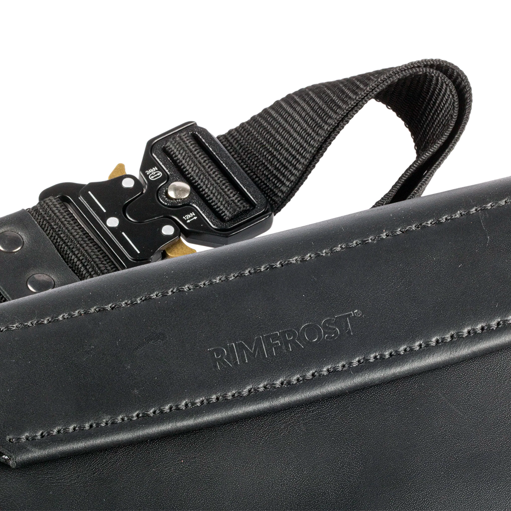 Black leather pouch with a strap and 'Rimfrost' branding on a white background