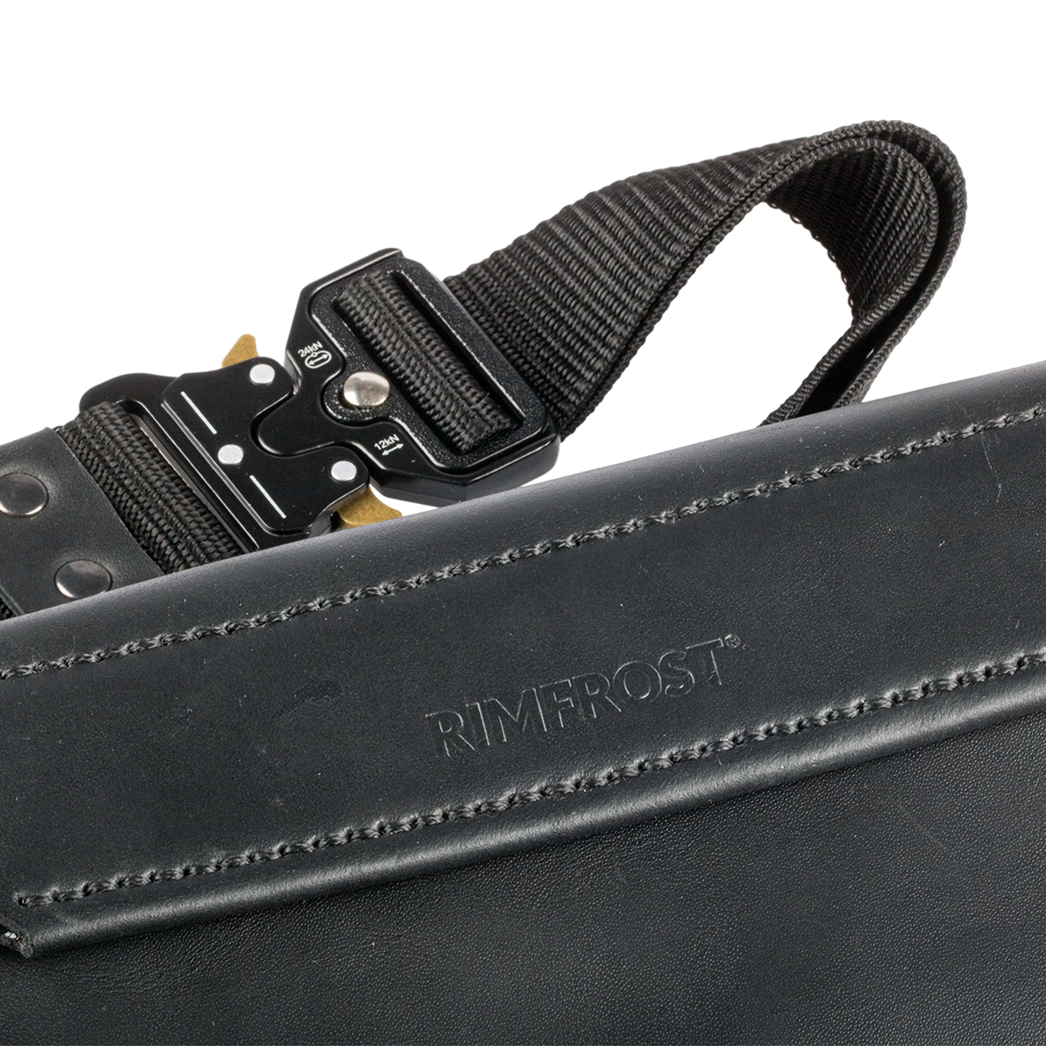 Black leather pouch with a strap and 'Rimfrost' branding on a white background