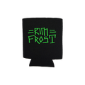 Black can cooler with green text on a white background
