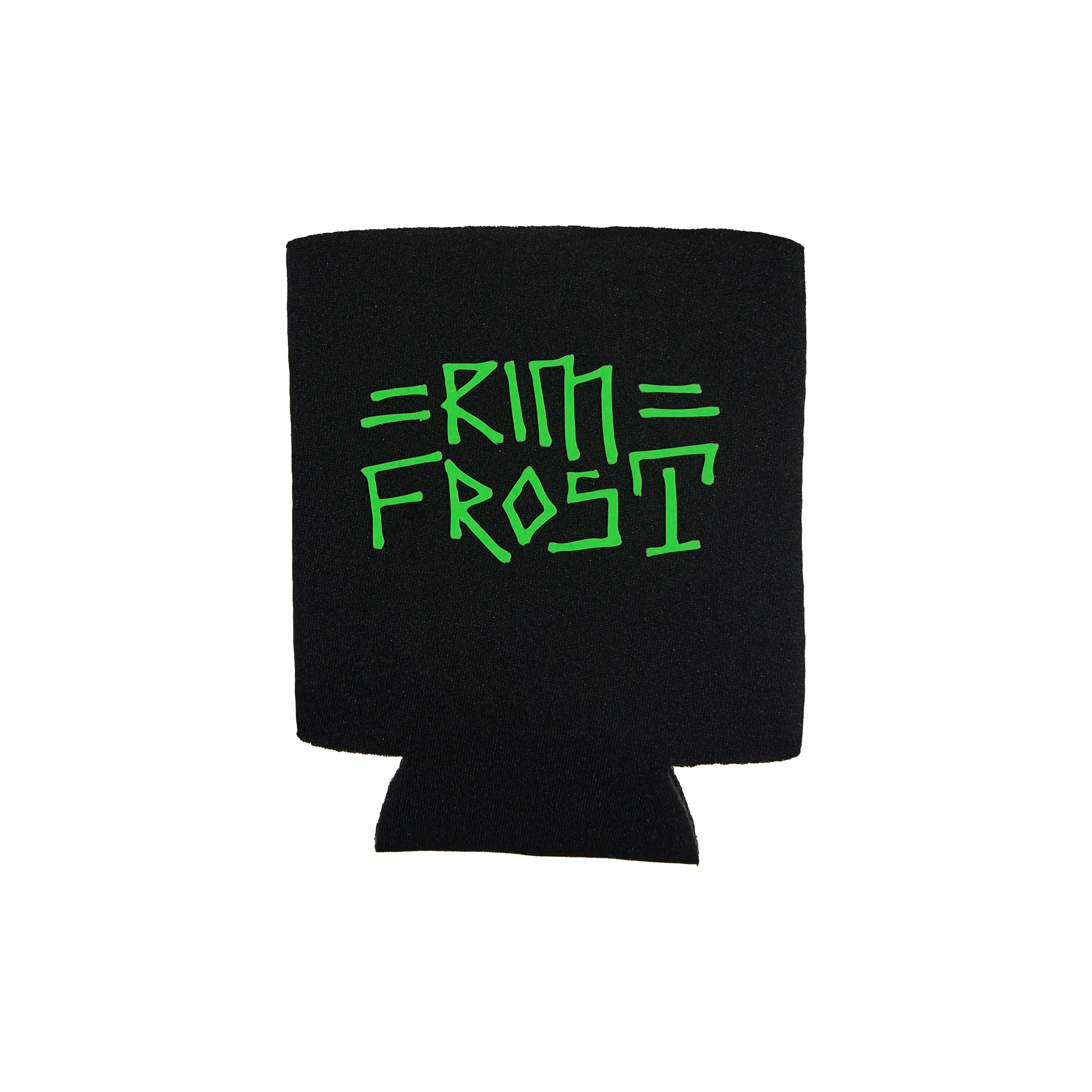 Black can cooler with green text on a white background